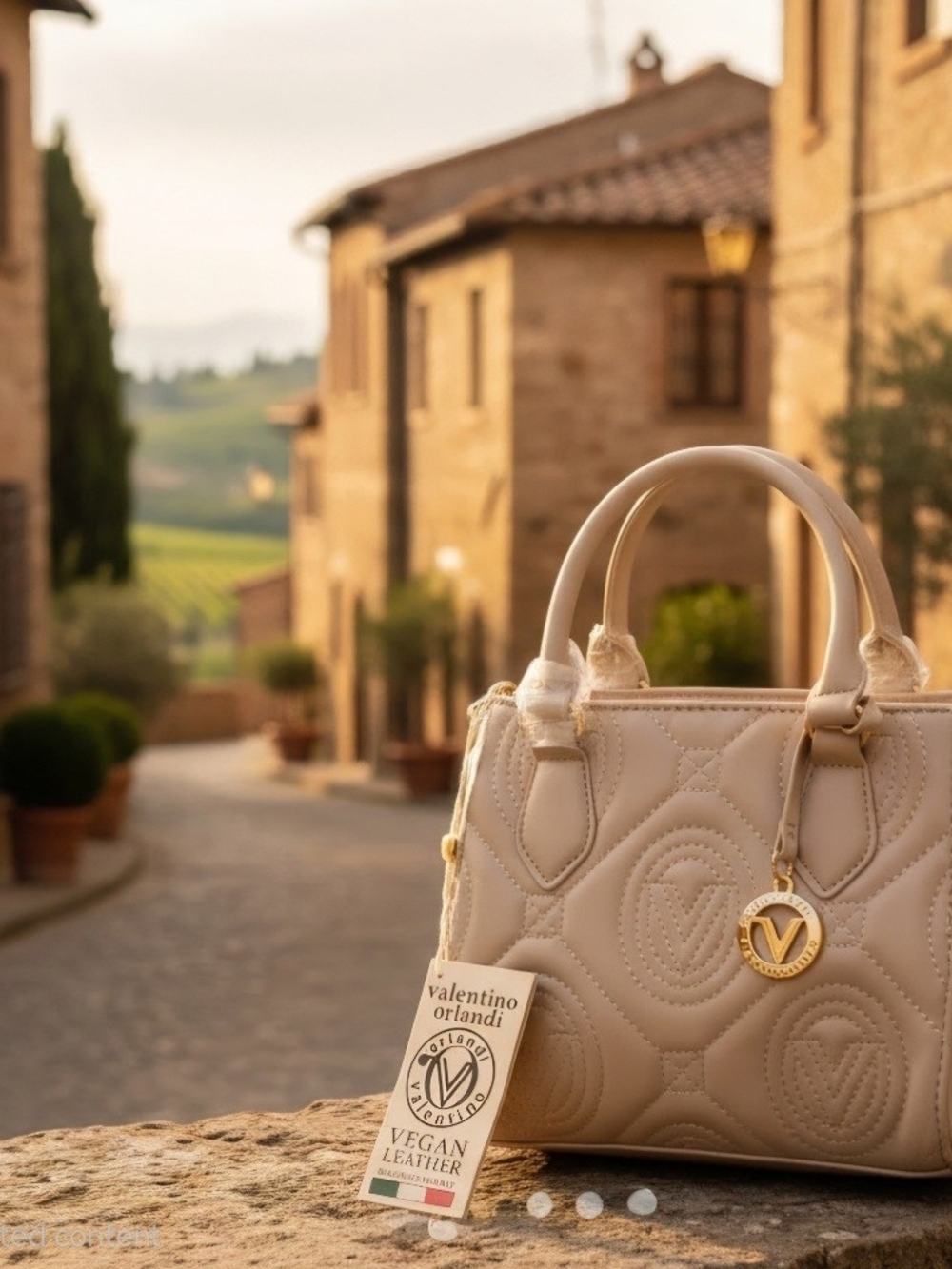 Valentino Orlandi Cream Quilted Satchel with Gold-Tone Charm